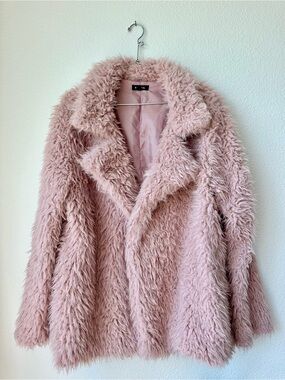 Racheal Vegan Faux Fur Fuzzy Mob Wife Teddy Coat Pockets Blush Pink L